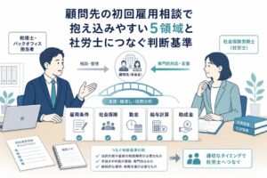 税理士事務所様と社労士が顧問先の初回雇用相談を連携して整理するイメージ
