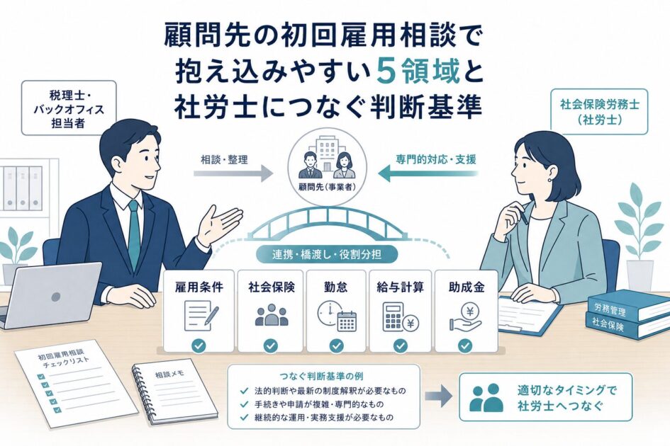 税理士事務所様と社労士が顧問先の初回雇用相談を連携して整理するイメージ