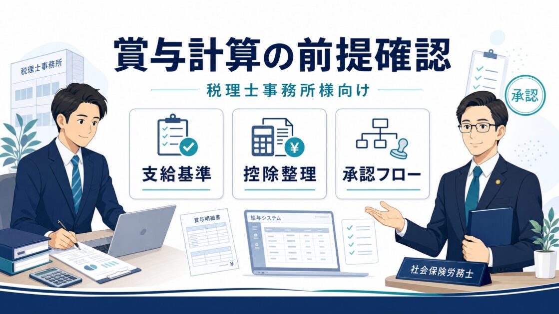 税理士事務所様向けの賞与計算前提確認を示す横長アイキャッチイラスト