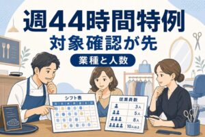 週44時間特例の対象確認を、飲食・小売・理美容の小規模事業者向けに示したアイキャッチイラスト