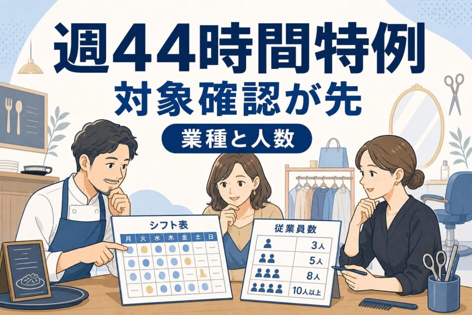 週44時間特例の対象確認を、飲食・小売・理美容の小規模事業者向けに示したアイキャッチイラスト