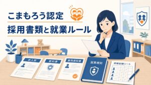 こまもろう認定に向けた採用書類と就業ルールの見直しを示すアイキャッチ