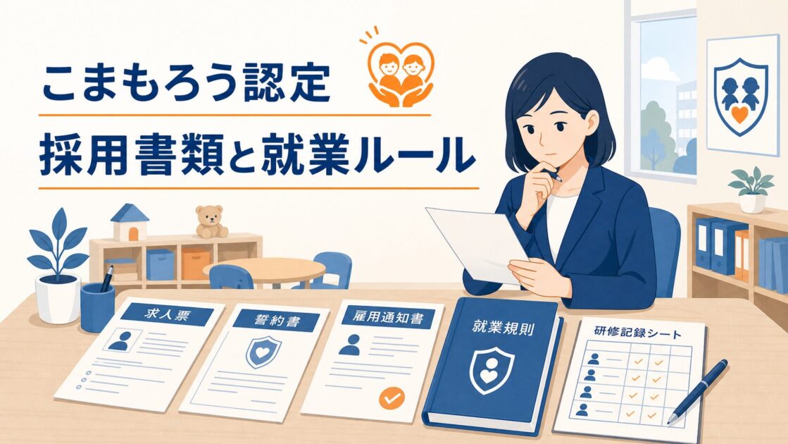 こまもろう認定に向けた採用書類と就業ルールの見直しを示すアイキャッチ