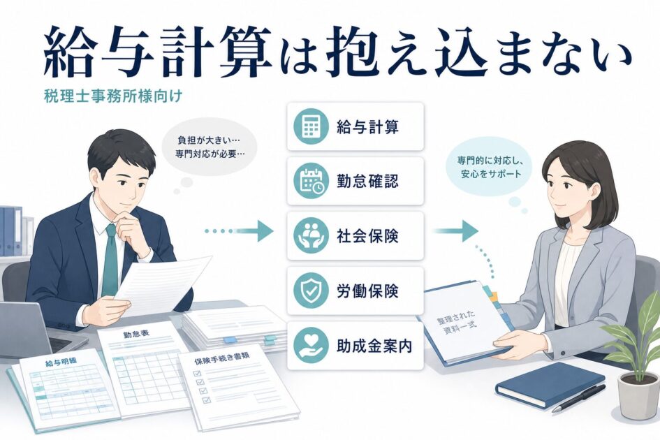 税理士事務所様が給与計算を抱え込まず社労士と連携して顧問先を支えるイメージ