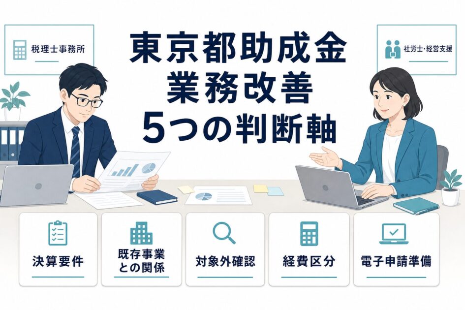 税理士事務所様が東京都の助成金相談を5つの判断軸で整理するイメージ