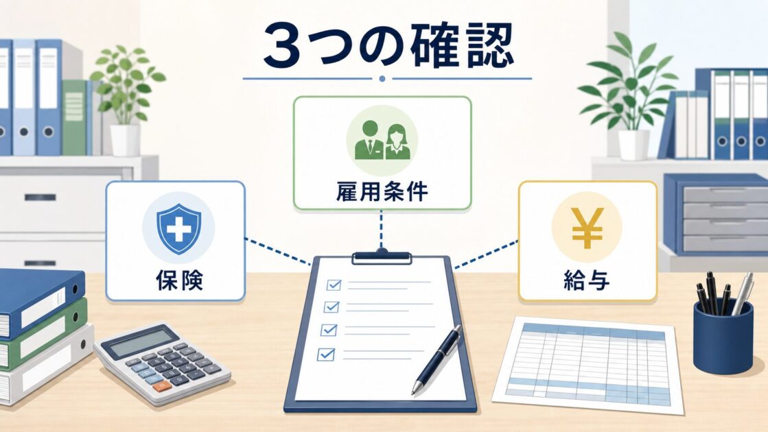 雇用条件、保険、給与の3つの確認を示す整理図