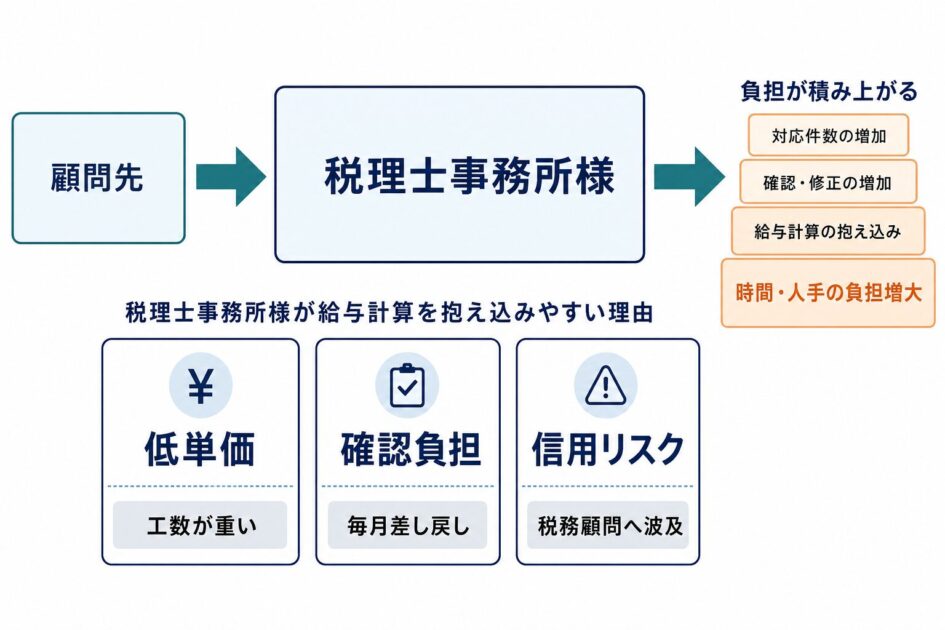 税理士事務所様が給与計算を抱え込みやすい理由を低単価、確認負担、信用リスクで整理した図