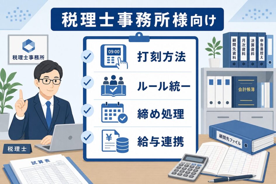 税理士事務所様向けに勤怠相談で先に固めたい4つの論点を示したチェックリスト図
