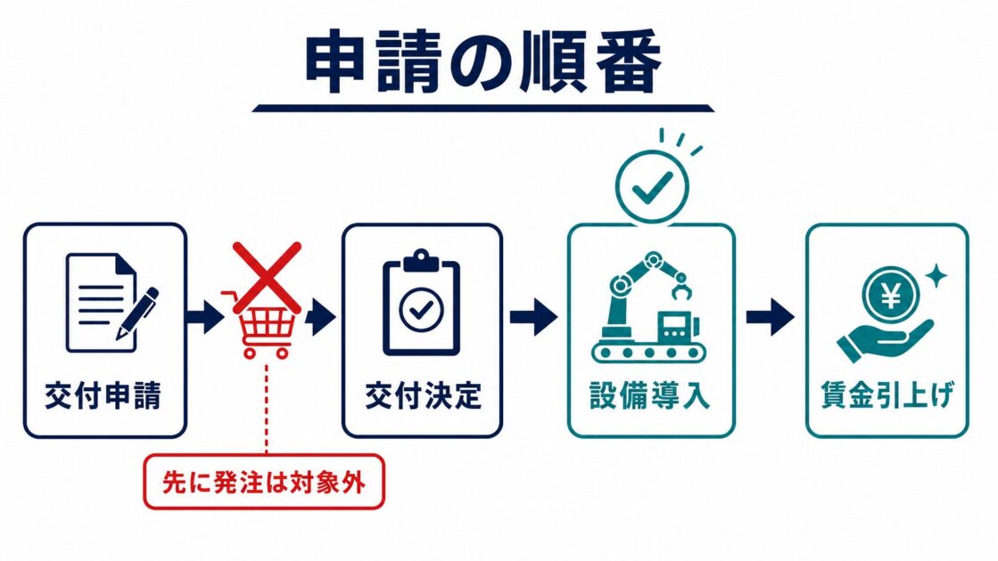 業務改善助成金の申請から交付決定、設備導入、賃金引上げまでの順番と交付決定前発注が対象外である点を示した図