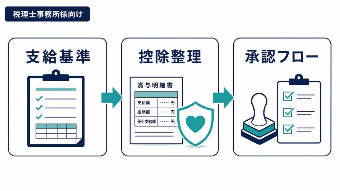 支給基準、控除整理、承認フローの3論点を整理した横長図版