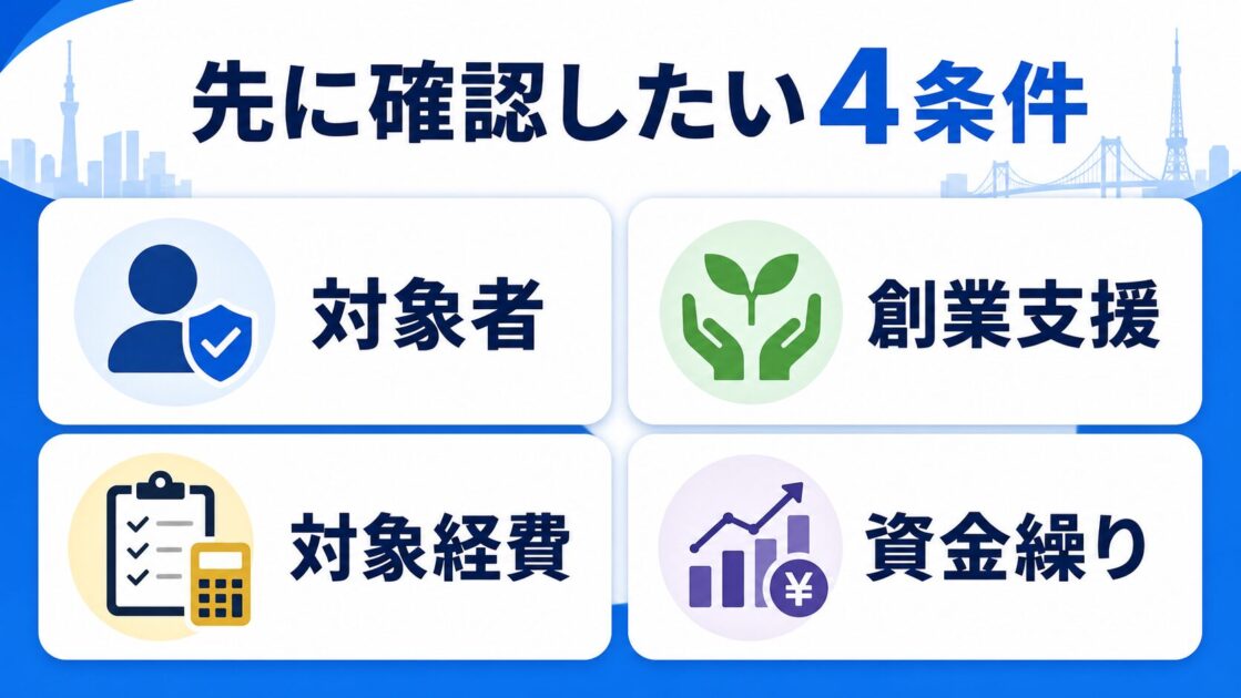 東京都創業助成金の申請前に確認したい4条件を整理した図