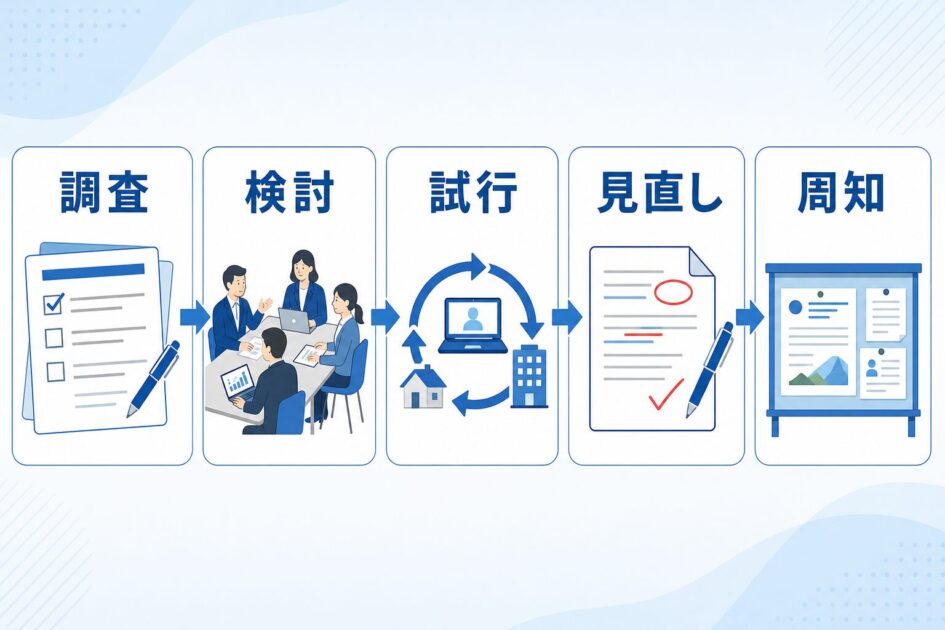 テレワーク定着のための調査・検討・試行・見直し・周知の流れを示す図