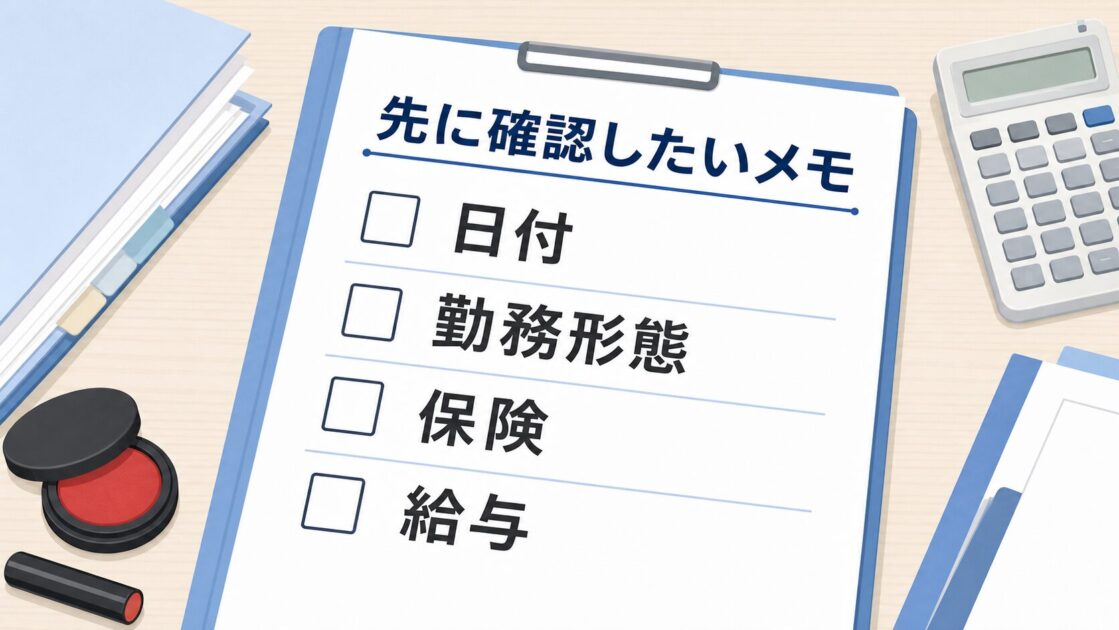 連携前に確認したい日付、勤務形態、保険、給与を示すメモ図
