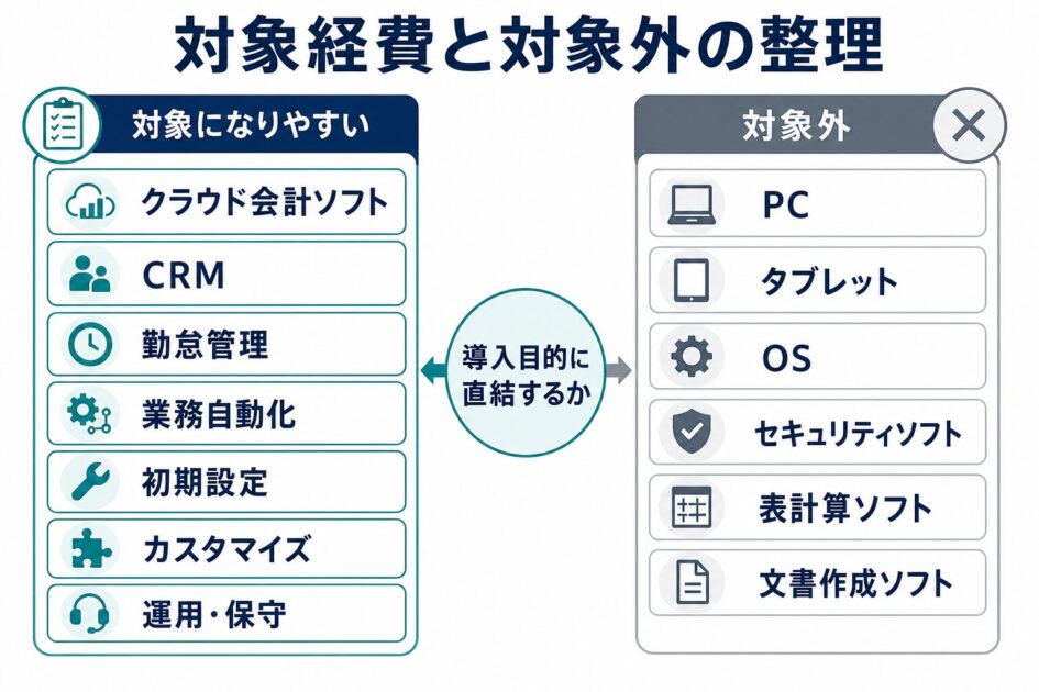 中小企業デジタル導入促進補助事業の対象経費と対象外を整理した図