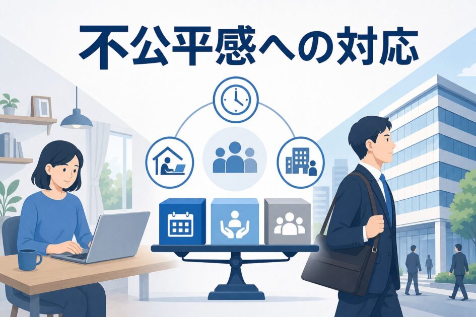 出社する従業員への配慮と不公平感への対応を示す図