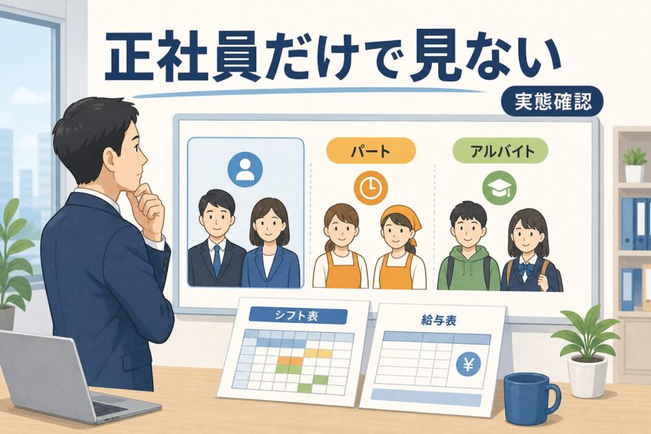 正社員だけでなくパートやアルバイトも含めて人数の実態確認をすることを示した図
