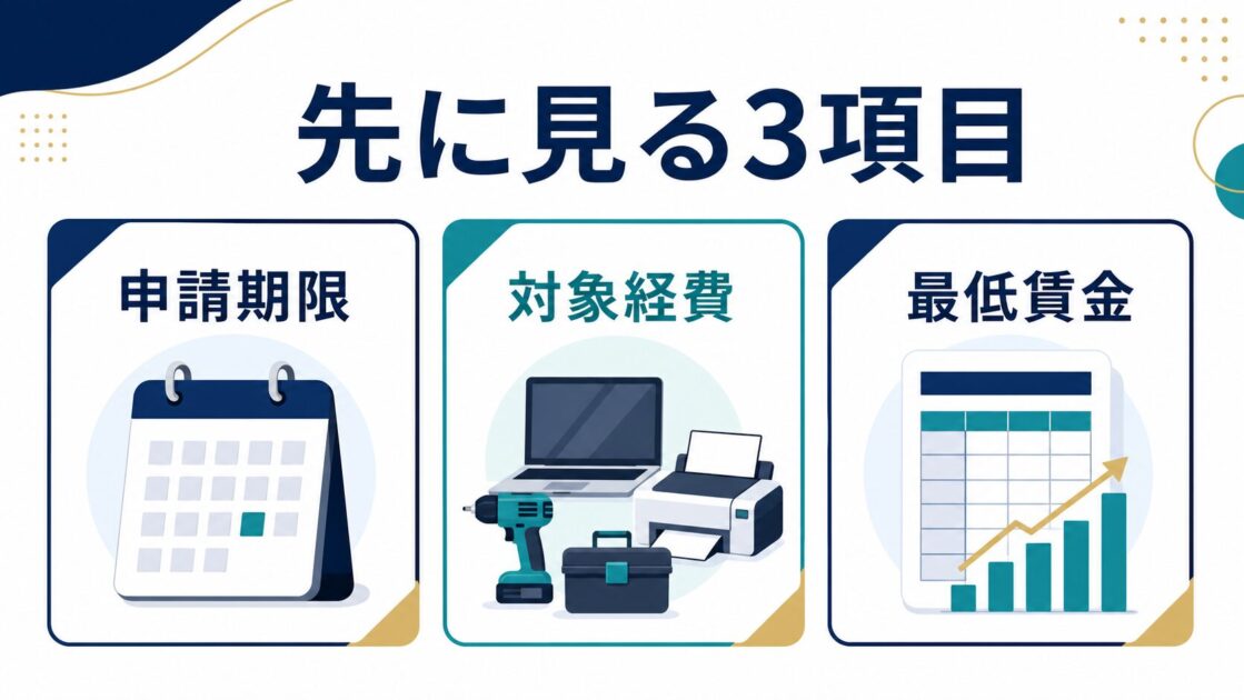 業務改善助成金2026で先に確認したい申請期限、対象経費、最低賃金の3項目を整理した図