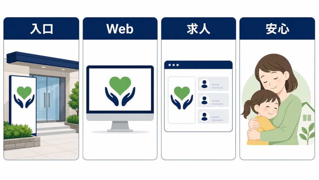 認定マークを入口、Web、求人で見せるメリットを示す図