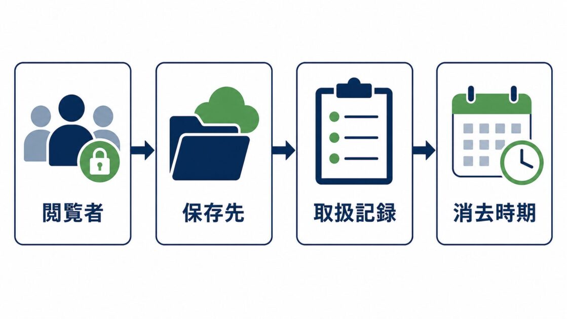 閲覧者、保存先、取扱記録、消去時期の4項目を整理した図