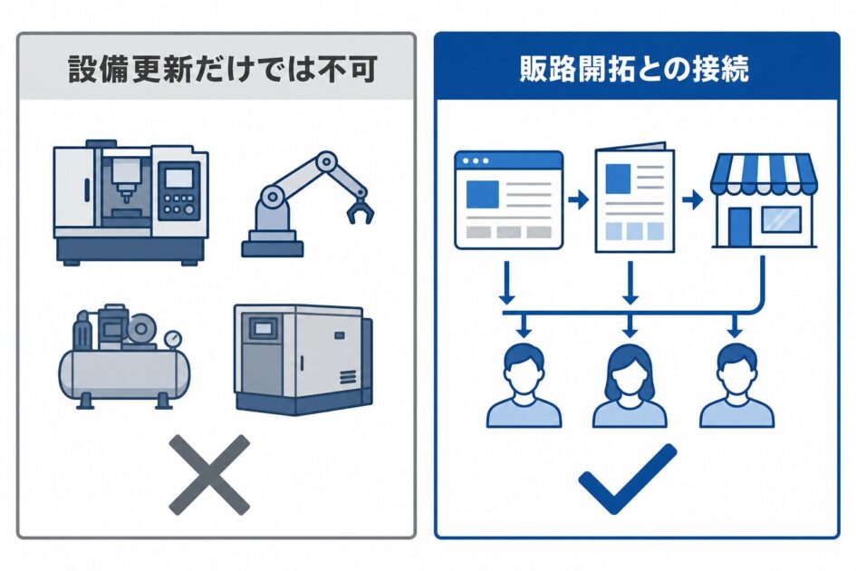 設備更新だけでは不可で、販路開拓との接続が必要なことを示すイラスト