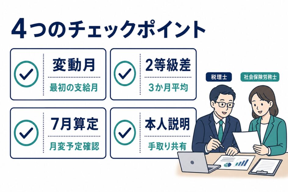 役員報酬変更時に確認したい4つのチェックポイントを示す図