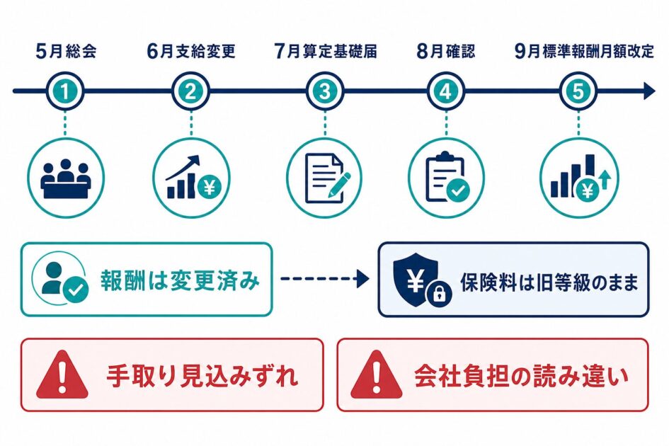 5月株主総会から9月標準報酬月額改定までの時間差を示すタイムライン図