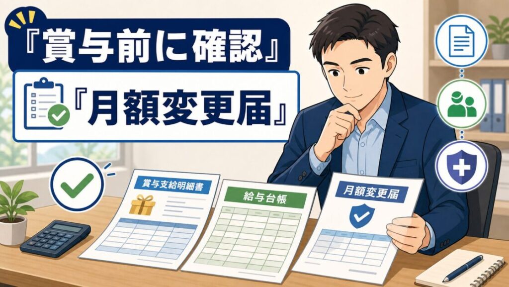 賞与前に月額変更届を確認する場面を示すアイキャッチ