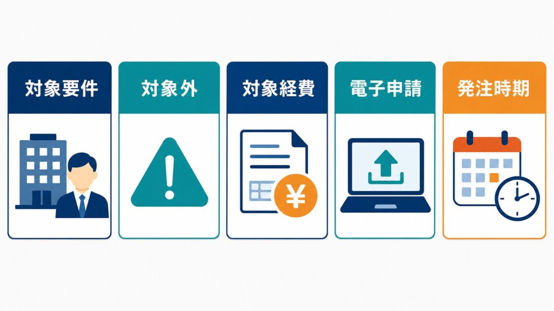 対象要件、対象外、対象経費、電子申請、発注時期の5項目を示した確認図