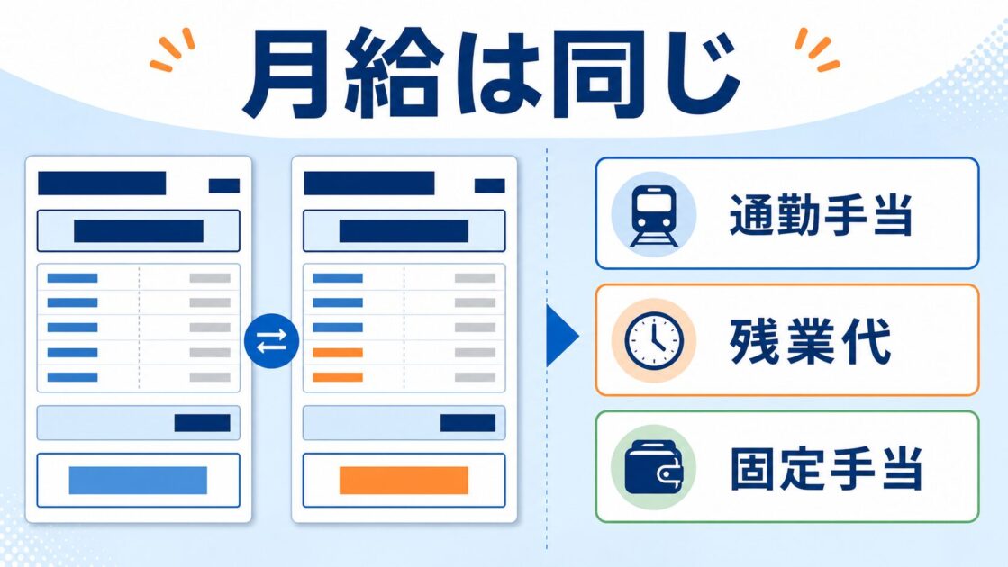 月給が同じでも通勤手当や残業代などの違いで手取りが変わることを示す比較図