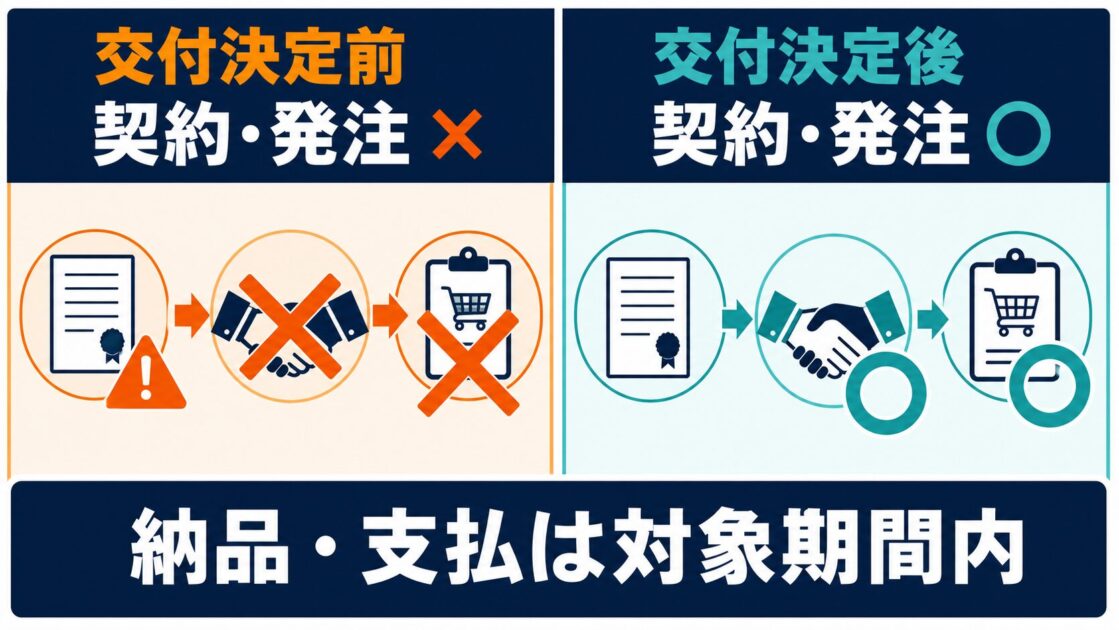 交付決定前の契約と発注は不可、交付決定後の契約と発注が対象になることを示した比較図
