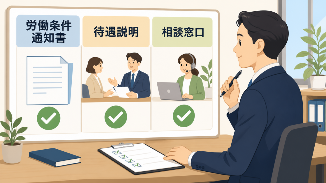 労働条件通知書、待遇説明、相談窓口を確認する図