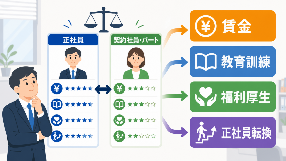 賃金、教育訓練、福利厚生、正社員転換の待遇差確認項目を示す図