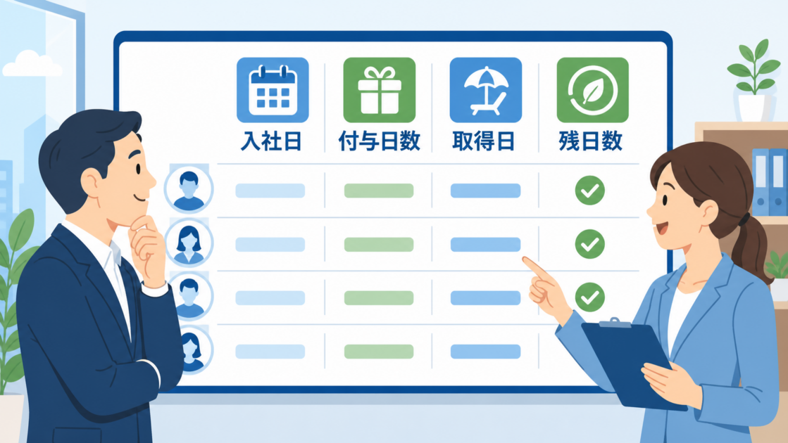 有給休暇管理簿で入社日、付与日数、取得日、残日数を確認する図