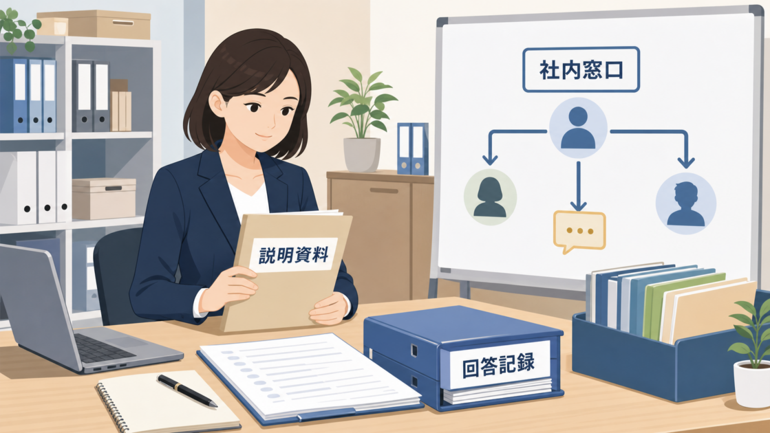 説明資料、社内窓口、回答記録を整理する図