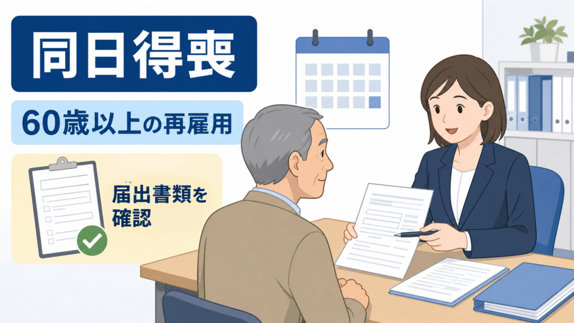 同日得喪、60歳以上の再雇用、届出書類の確認を示す図