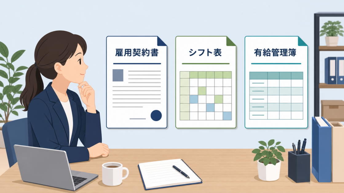 雇用契約書、シフト表、有給管理簿を確認する図