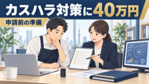 カスタマーハラスメント防止対策推進事業の40万円奨励金と申請前準備を確認する経営者と専門家のイラスト