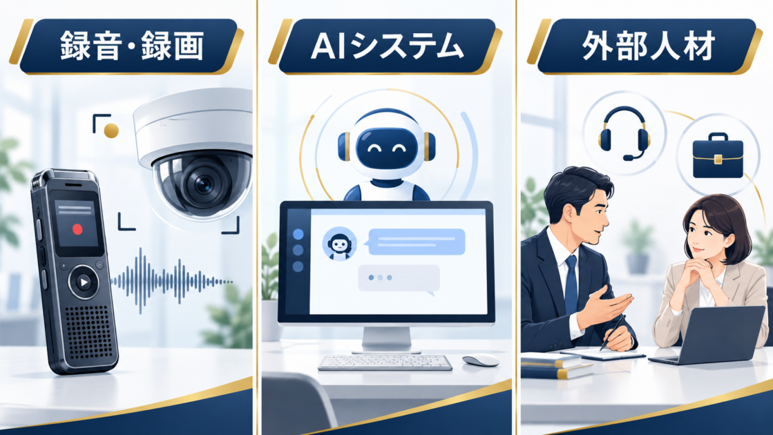 カスハラ防止の実践取組である録音録画、AIシステム、外部人材の比較イラスト